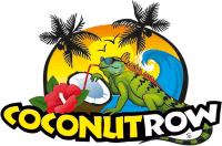 A colorful logo featuring an iguana relaxing with a coconut drink, surrounded by palm trees and a sunset.